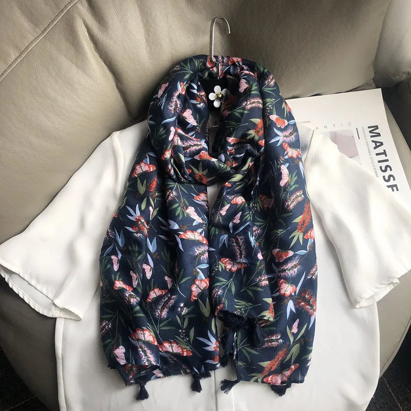 Fashion Black White Branch Floral Tassel Viscose Shawl Scarf Lady High Quality Wrap Pashmina Stole Bufanda Muslim Hijab 180*90Cm