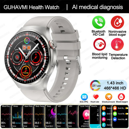 2024 New Medical Grade Smart Watch Blood Sugar Blood Lipid Uric Acid ECG+PPG Body Temperature Bluetooth Call Health Smartwatch