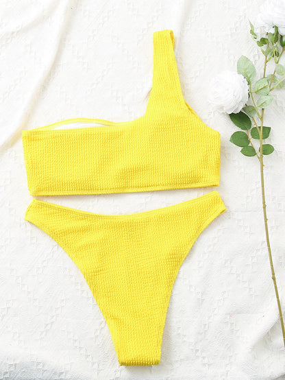 One Shoulder Bikini Textured Swimwear High Cut Swimsuit Solid Bathing Suit Women Brazilian 2025 Fashion