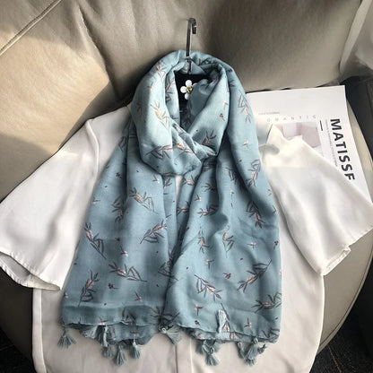 Fashion Black White Branch Floral Tassel Viscose Shawl Scarf Lady High Quality Wrap Pashmina Stole Bufanda Muslim Hijab 180*90Cm