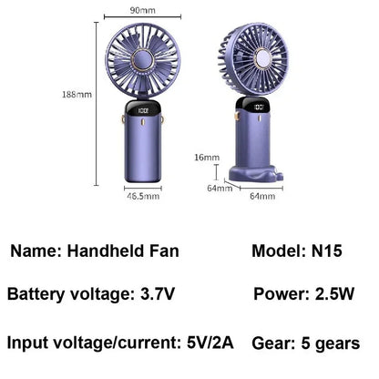 Handheld Mini Fan 3000mAh Foldable Portable Desk Outdoor Neck Hanging 5 Speed USB Rechargeable Fan Phone Stand Display Screen