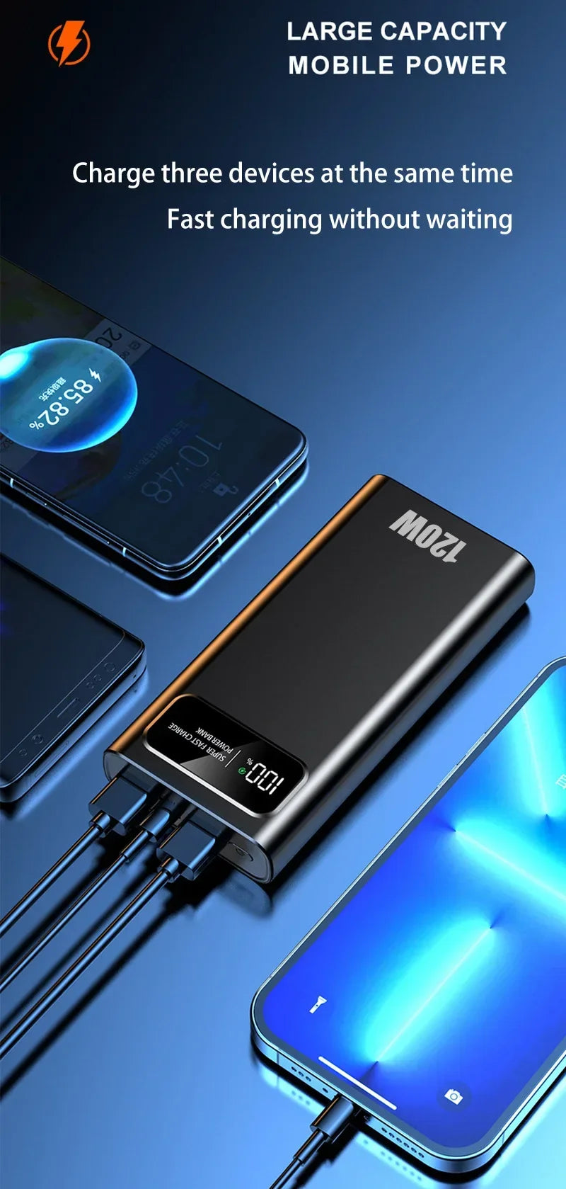 200000mAh Power Bank 120W Super Fast Charging Battery High Capacity Digital Display Power Bank For Iphone  Samsung Xiaomi Huawei