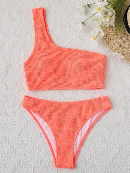 One Shoulder Bikini Textured Swimwear High Cut Swimsuit Solid Bathing Suit Women Brazilian 2025 Fashion