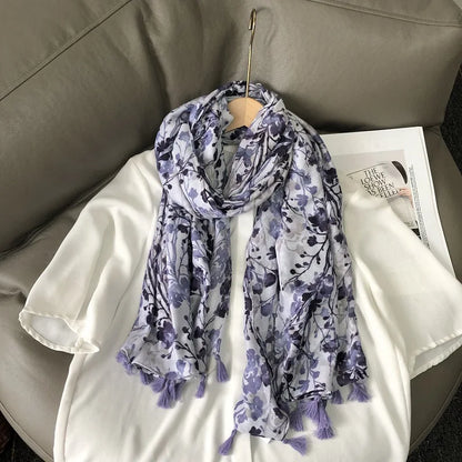 Fashion Black White Branch Floral Tassel Viscose Shawl Scarf Lady High Quality Wrap Pashmina Stole Bufanda Muslim Hijab 180*90Cm