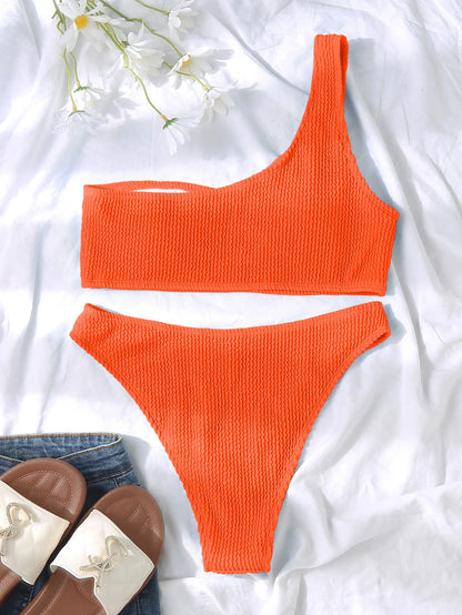 One Shoulder Bikini Textured Swimwear High Cut Swimsuit Solid Bathing Suit Women Brazilian 2025 Fashion