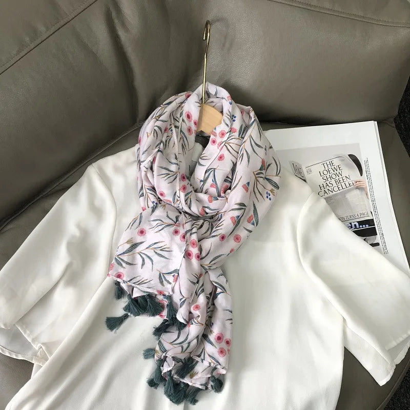 Fashion Black White Branch Floral Tassel Viscose Shawl Scarf Lady High Quality Wrap Pashmina Stole Bufanda Muslim Hijab 180*90Cm