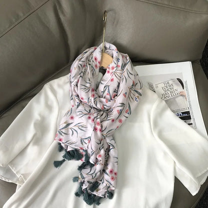 Fashion Black White Branch Floral Tassel Viscose Shawl Scarf Lady High Quality Wrap Pashmina Stole Bufanda Muslim Hijab 180*90Cm