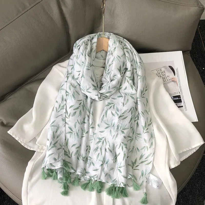 Fashion Black White Branch Floral Tassel Viscose Shawl Scarf Lady High Quality Wrap Pashmina Stole Bufanda Muslim Hijab 180*90Cm