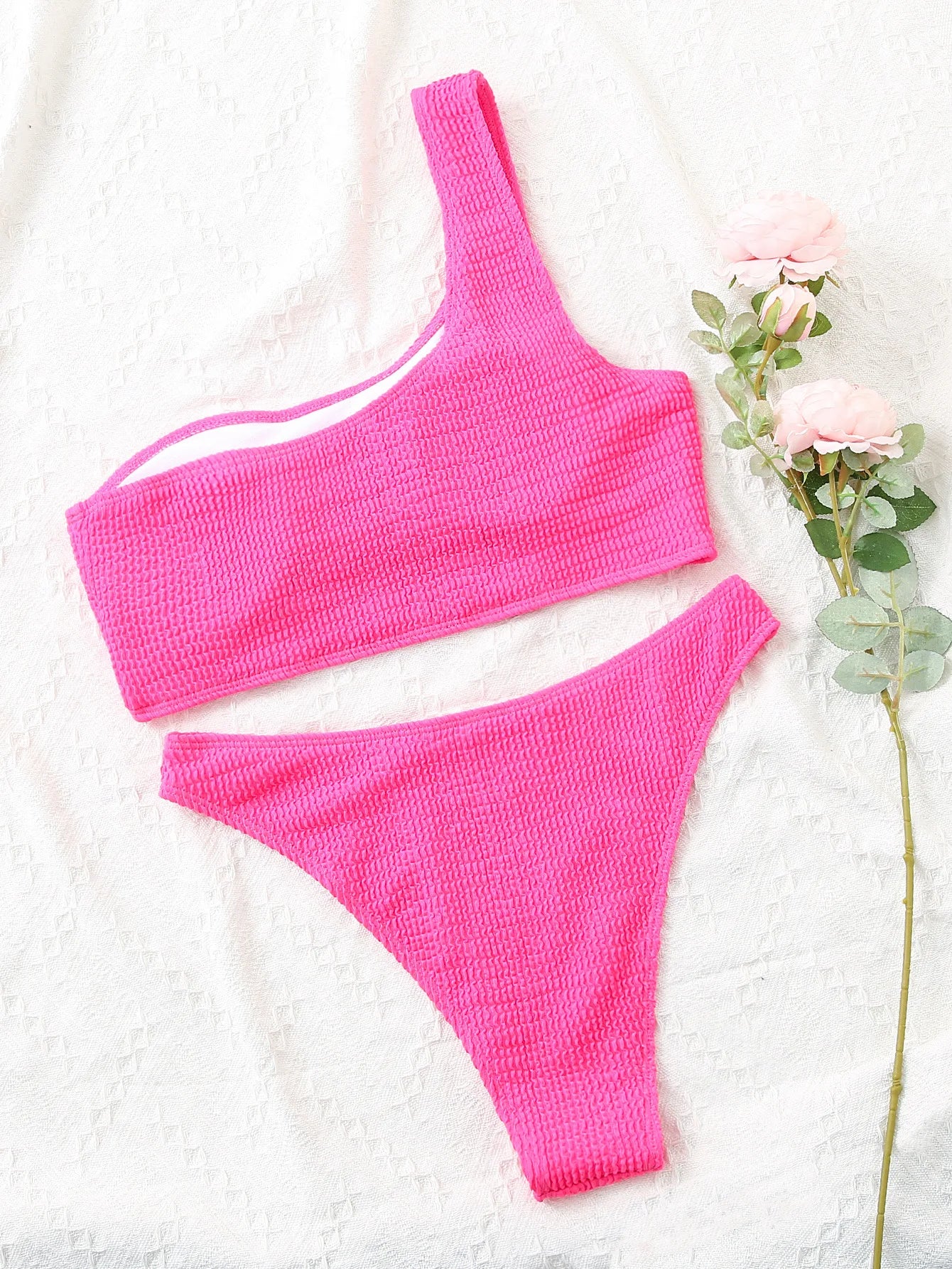 One Shoulder Bikini Textured Swimwear High Cut Swimsuit Solid Bathing Suit Women Brazilian 2025 Fashion
