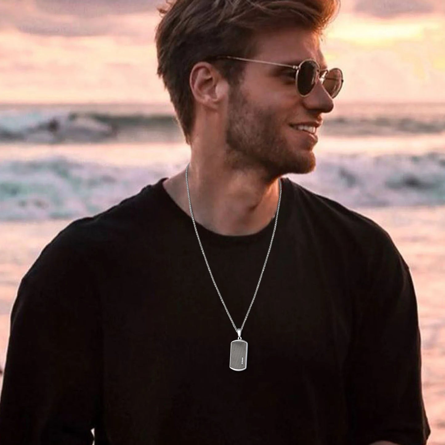 Vnox Stylish Black Dog Tag Necklaces for Men Women with Cubic Zirconia Stone, Stainless Steel Square Pendant Collar Gift