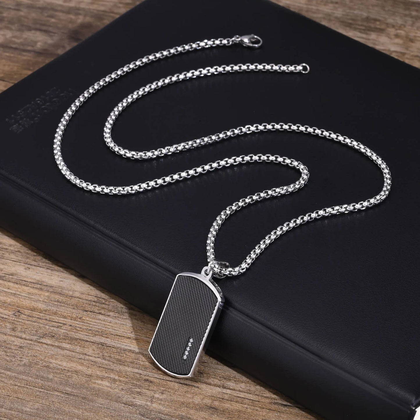 Vnox Stylish Black Dog Tag Necklaces for Men Women with Cubic Zirconia Stone, Stainless Steel Square Pendant Collar Gift
