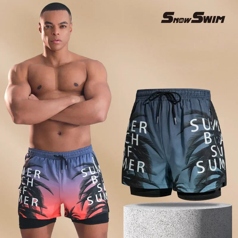 New Swim Trunks for Men Double-layer Swimming Shorts Anti-embarrassment Lined with Professional Beach Pants Adult Swim Gear