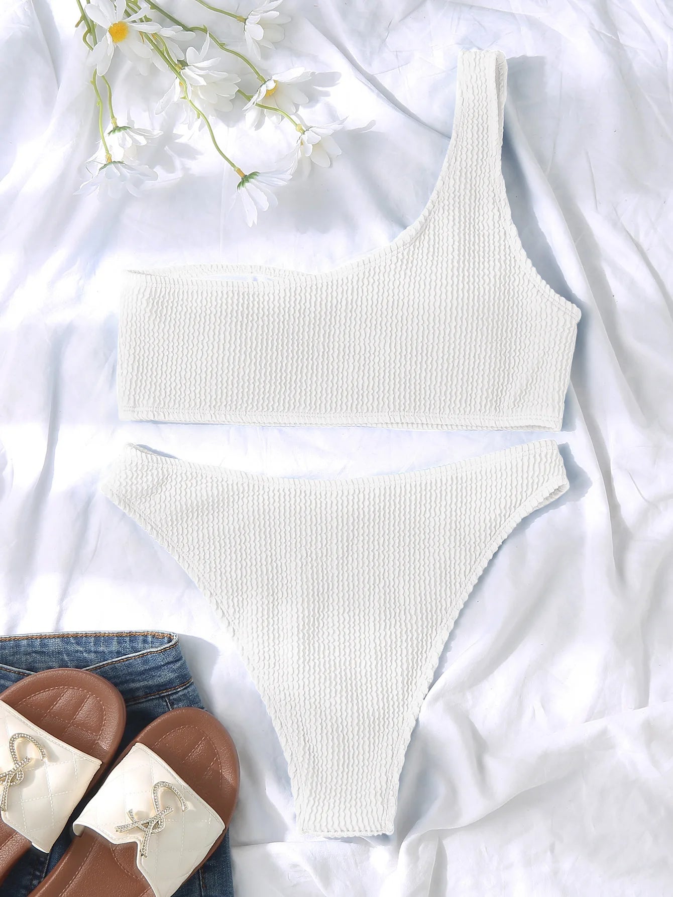 One Shoulder Bikini Textured Swimwear High Cut Swimsuit Solid Bathing Suit Women Brazilian 2025 Fashion