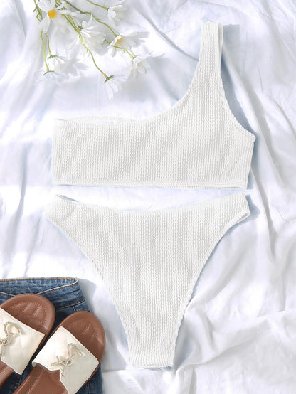 One Shoulder Bikini Textured Swimwear High Cut Swimsuit Solid Bathing Suit Women Brazilian 2025 Fashion