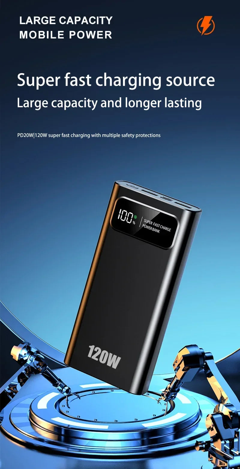 200000mAh Power Bank 120W Super Fast Charging Battery High Capacity Digital Display Power Bank For Iphone  Samsung Xiaomi Huawei