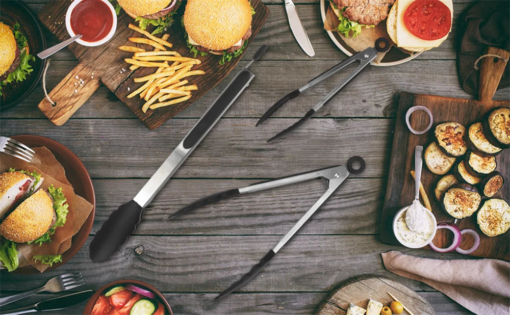 Silicone BBQ Grilling Tongs Kitchen Cooking Salad Bread Serving Tong Non-Stick Barbecue Clip Clamp Stainless Steel Tools Gadgets