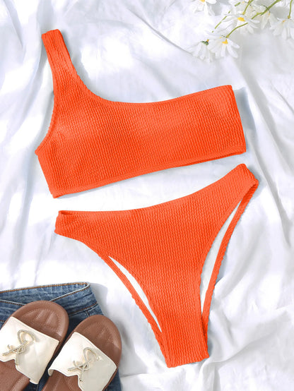 One Shoulder Bikini Textured Swimwear High Cut Swimsuit Solid Bathing Suit Women Brazilian 2025 Fashion
