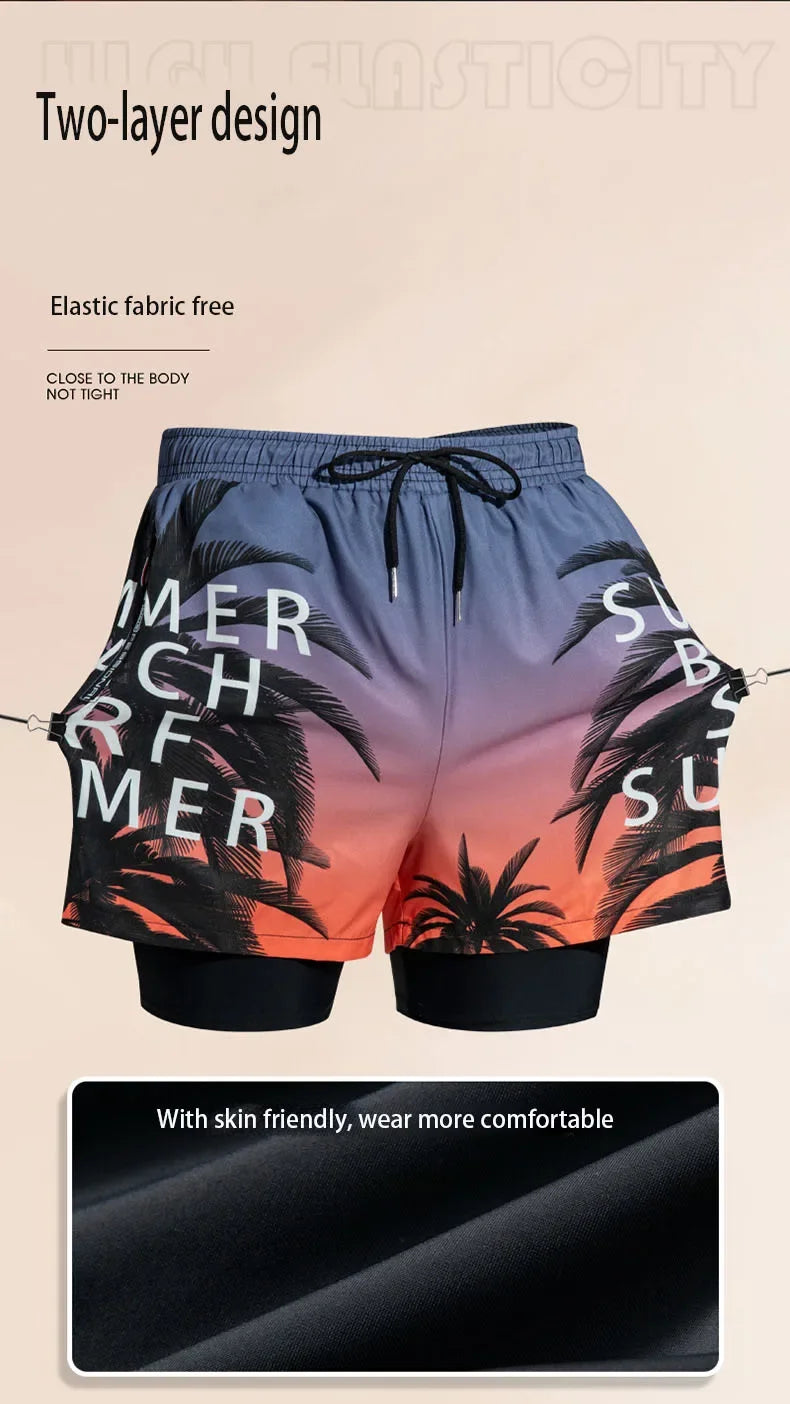 New Swim Trunks for Men Double-layer Swimming Shorts Anti-embarrassment Lined with Professional Beach Pants Adult Swim Gear