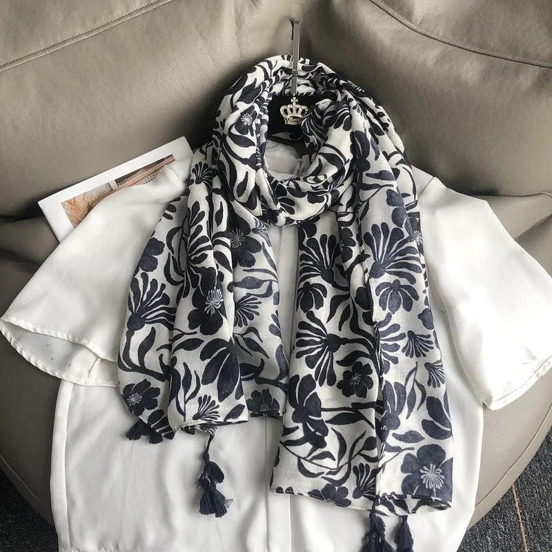 Fashion Black White Branch Floral Tassel Viscose Shawl Scarf Lady High Quality Wrap Pashmina Stole Bufanda Muslim Hijab 180*90Cm