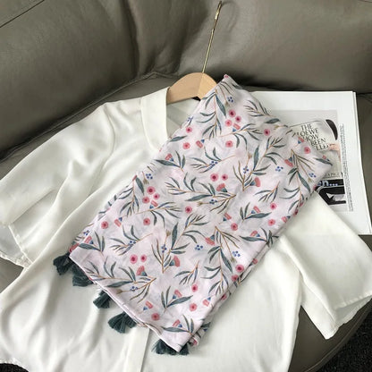 Fashion Black White Branch Floral Tassel Viscose Shawl Scarf Lady High Quality Wrap Pashmina Stole Bufanda Muslim Hijab 180*90Cm