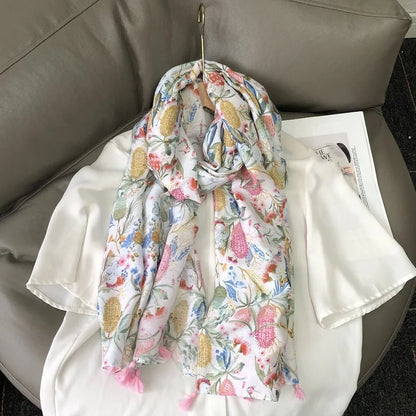 Fashion Black White Branch Floral Tassel Viscose Shawl Scarf Lady High Quality Wrap Pashmina Stole Bufanda Muslim Hijab 180*90Cm