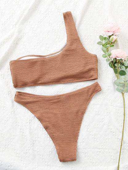One Shoulder Bikini Textured Swimwear High Cut Swimsuit Solid Bathing Suit Women Brazilian 2025 Fashion