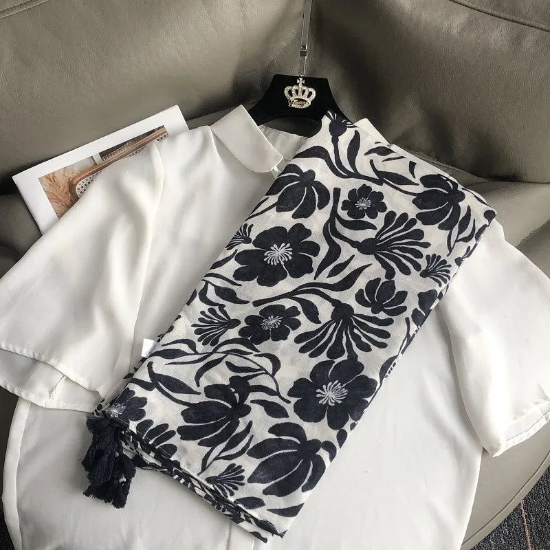 Fashion Black White Branch Floral Tassel Viscose Shawl Scarf Lady High Quality Wrap Pashmina Stole Bufanda Muslim Hijab 180*90Cm