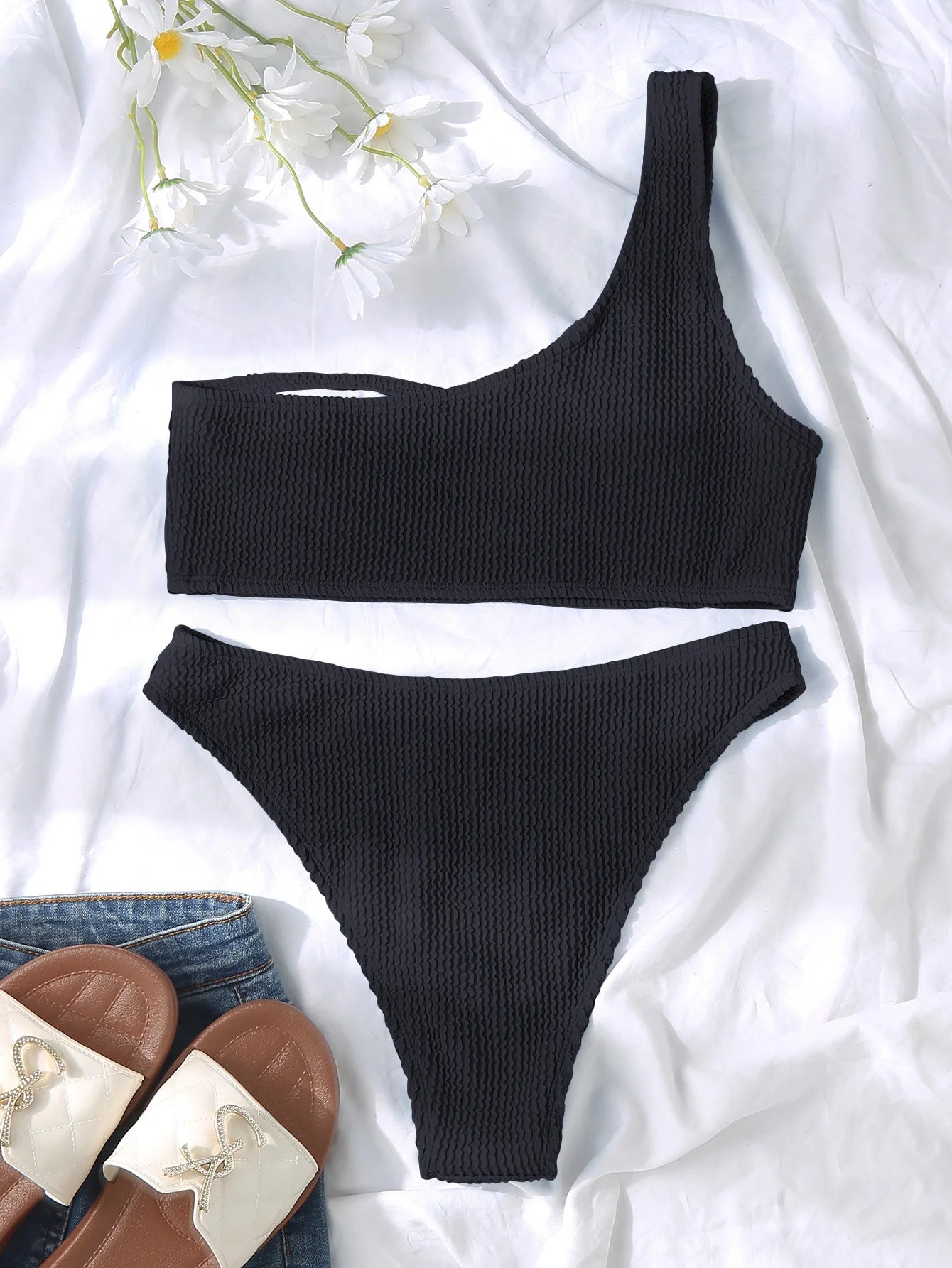 One Shoulder Bikini Textured Swimwear High Cut Swimsuit Solid Bathing Suit Women Brazilian 2025 Fashion