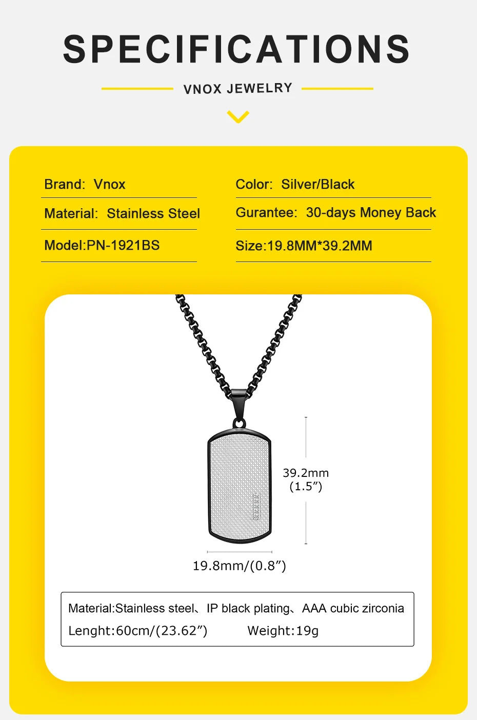 Vnox Stylish Black Dog Tag Necklaces for Men Women with Cubic Zirconia Stone, Stainless Steel Square Pendant Collar Gift