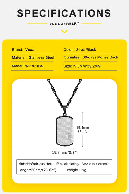 Vnox Stylish Black Dog Tag Necklaces for Men Women with Cubic Zirconia Stone, Stainless Steel Square Pendant Collar Gift