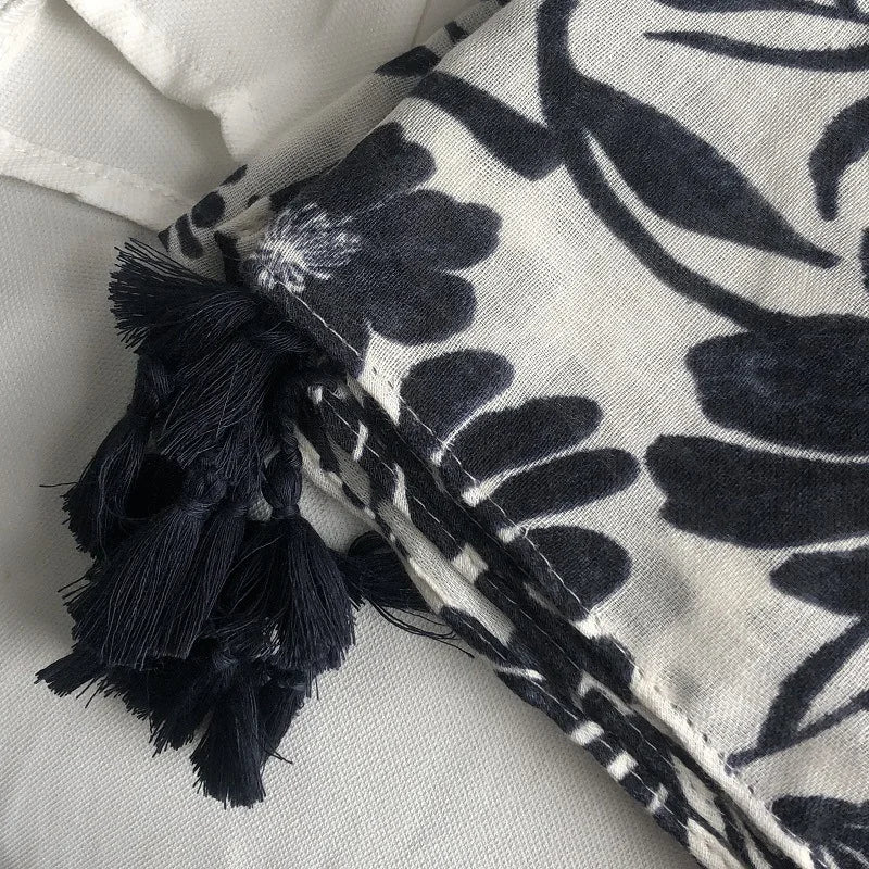 Fashion Black White Branch Floral Tassel Viscose Shawl Scarf Lady High Quality Wrap Pashmina Stole Bufanda Muslim Hijab 180*90Cm