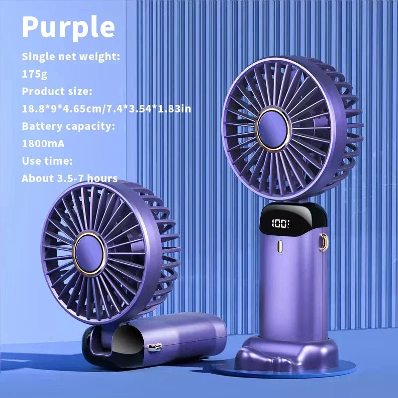 Handheld Mini Fan 3000mAh Foldable Portable Desk Outdoor Neck Hanging 5 Speed USB Rechargeable Fan Phone Stand Display Screen
