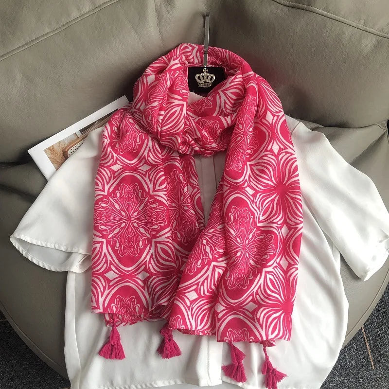 Fashion Black White Branch Floral Tassel Viscose Shawl Scarf Lady High Quality Wrap Pashmina Stole Bufanda Muslim Hijab 180*90Cm