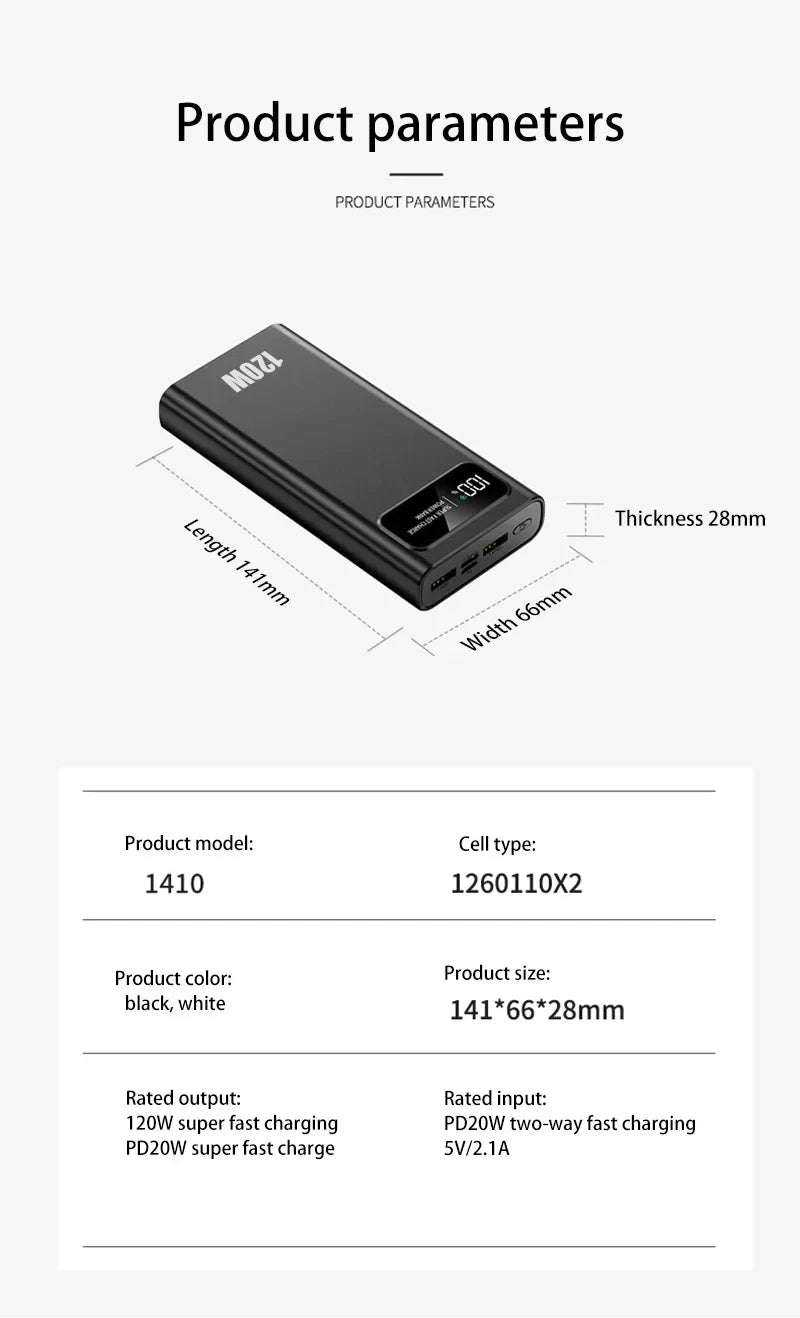 200000mAh Power Bank 120W Super Fast Charging Battery High Capacity Digital Display Power Bank For Iphone  Samsung Xiaomi Huawei