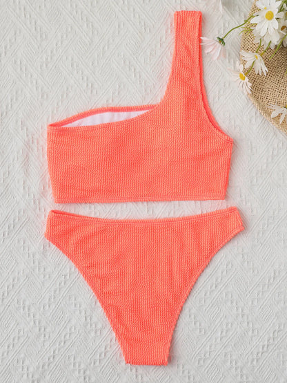 One Shoulder Bikini Textured Swimwear High Cut Swimsuit Solid Bathing Suit Women Brazilian 2025 Fashion