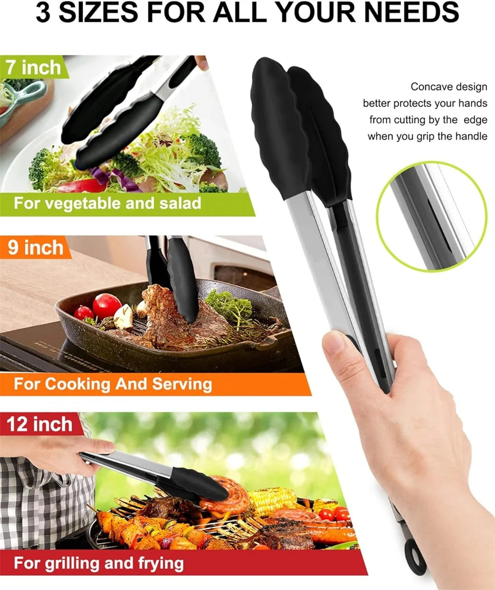 Silicone BBQ Grilling Tongs Kitchen Cooking Salad Bread Serving Tong Non-Stick Barbecue Clip Clamp Stainless Steel Tools Gadgets