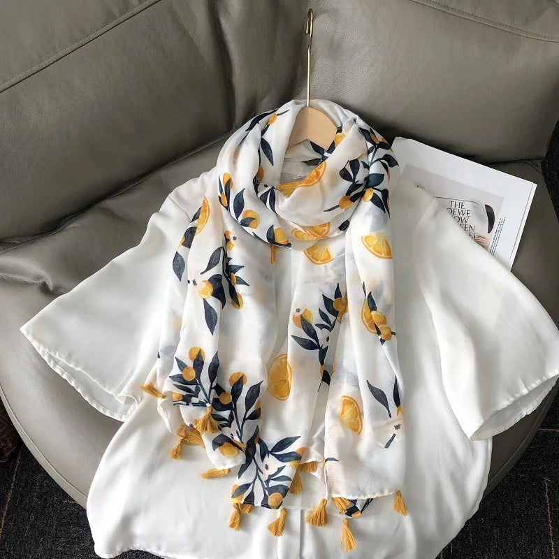 Fashion Black White Branch Floral Tassel Viscose Shawl Scarf Lady High Quality Wrap Pashmina Stole Bufanda Muslim Hijab 180*90Cm