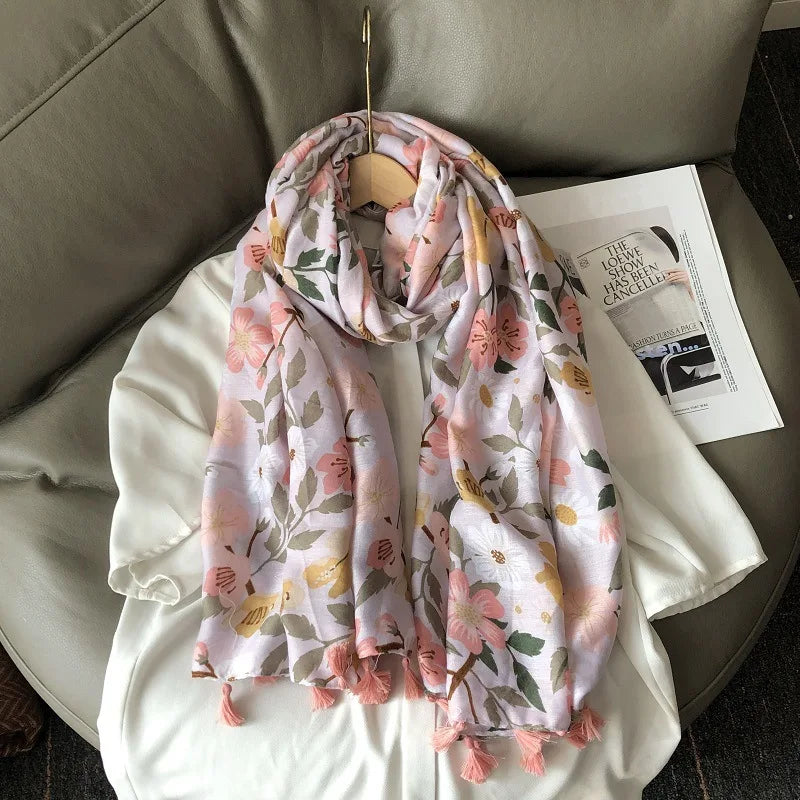 Fashion Black White Branch Floral Tassel Viscose Shawl Scarf Lady High Quality Wrap Pashmina Stole Bufanda Muslim Hijab 180*90Cm