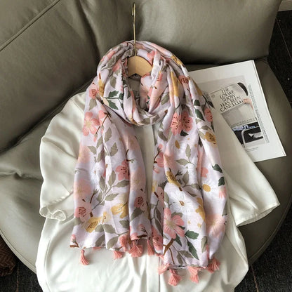 Fashion Black White Branch Floral Tassel Viscose Shawl Scarf Lady High Quality Wrap Pashmina Stole Bufanda Muslim Hijab 180*90Cm