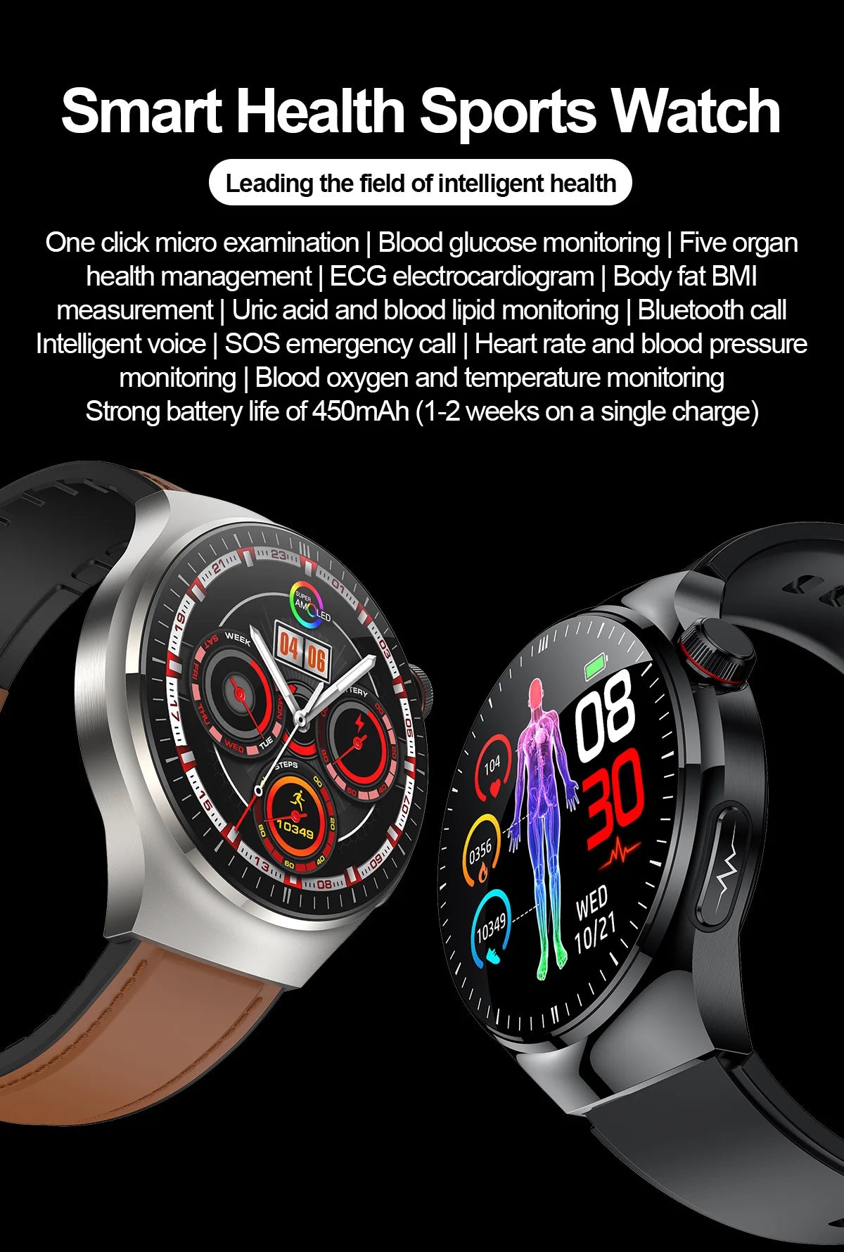 2024 New Medical Grade Smart Watch Blood Sugar Blood Lipid Uric Acid ECG+PPG Body Temperature Bluetooth Call Health Smartwatch