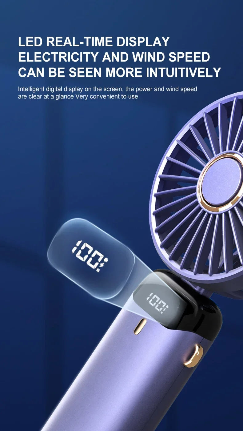 Handheld Mini Fan 3000mAh Foldable Portable Desk Outdoor Neck Hanging 5 Speed USB Rechargeable Fan Phone Stand Display Screen