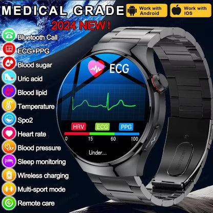 2024 New Medical Grade Smart Watch Blood Sugar Blood Lipid Uric Acid ECG+PPG Body Temperature Bluetooth Call Health Smartwatch