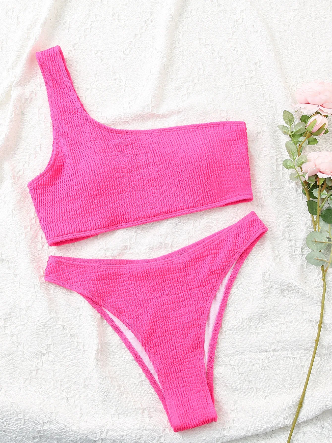 One Shoulder Bikini Textured Swimwear High Cut Swimsuit Solid Bathing Suit Women Brazilian 2025 Fashion