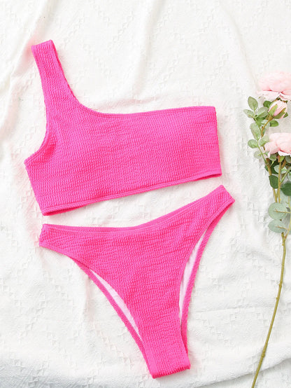 One Shoulder Bikini Textured Swimwear High Cut Swimsuit Solid Bathing Suit Women Brazilian 2025 Fashion