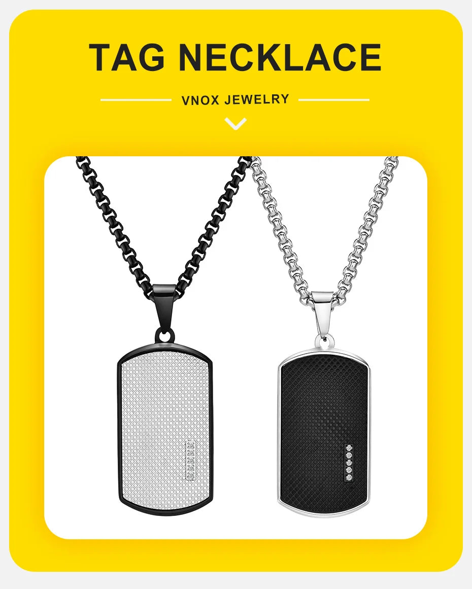 Vnox Stylish Black Dog Tag Necklaces for Men Women with Cubic Zirconia Stone, Stainless Steel Square Pendant Collar Gift