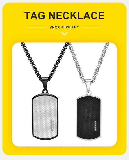 Vnox Stylish Black Dog Tag Necklaces for Men Women with Cubic Zirconia Stone, Stainless Steel Square Pendant Collar Gift