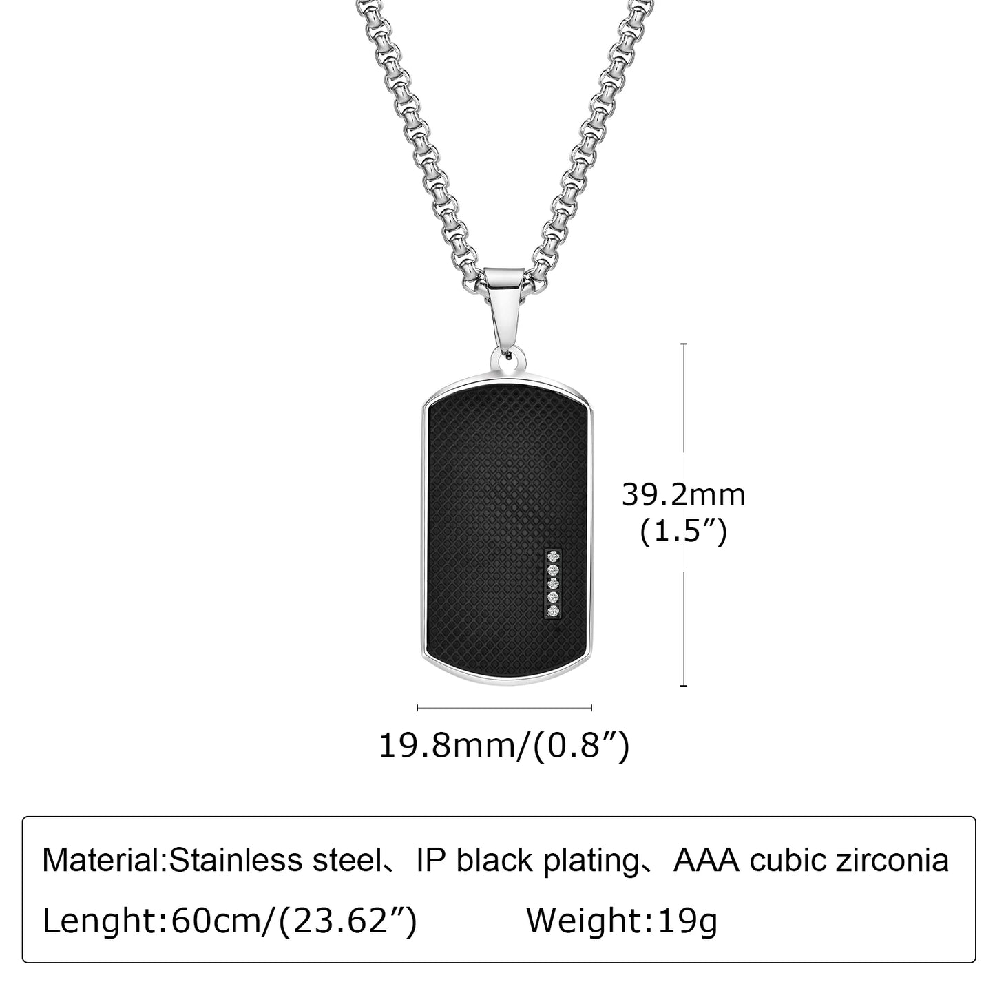 Vnox Stylish Black Dog Tag Necklaces for Men Women with Cubic Zirconia Stone, Stainless Steel Square Pendant Collar Gift
