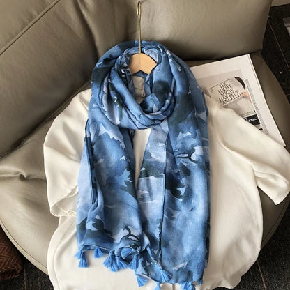 Fashion Black White Branch Floral Tassel Viscose Shawl Scarf Lady High Quality Wrap Pashmina Stole Bufanda Muslim Hijab 180*90Cm