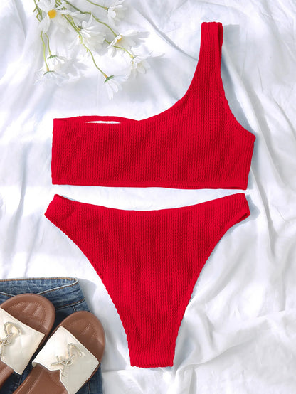 One Shoulder Bikini Textured Swimwear High Cut Swimsuit Solid Bathing Suit Women Brazilian 2025 Fashion
