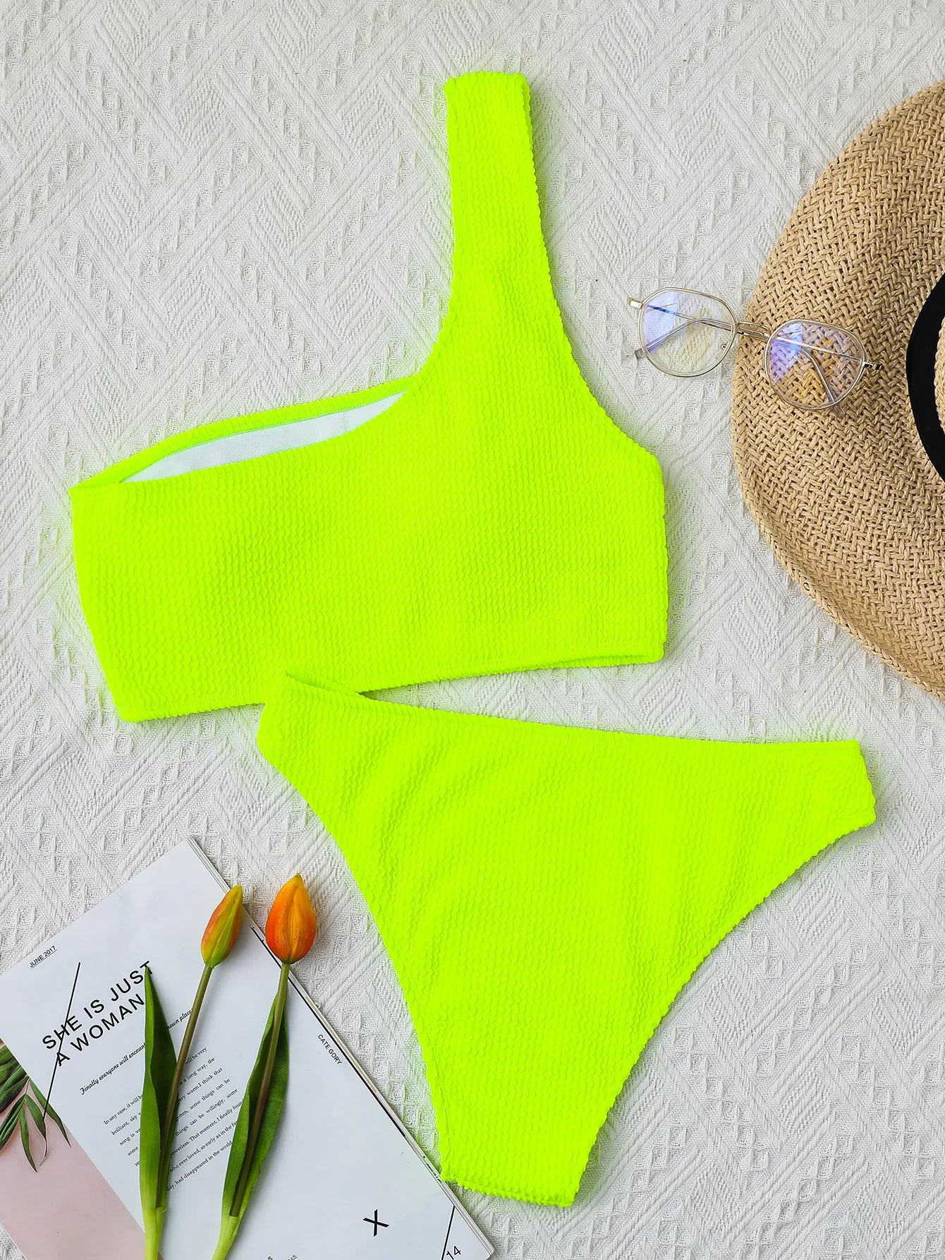 One Shoulder Bikini Textured Swimwear High Cut Swimsuit Solid Bathing Suit Women Brazilian 2025 Fashion